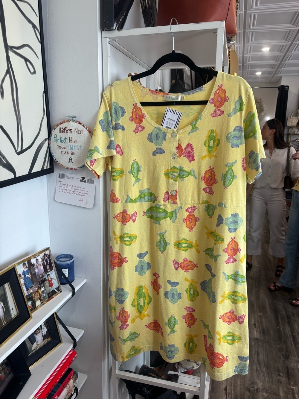 fresh produce Yellow Short-Sleeve Printed Cotton Dress with fishes